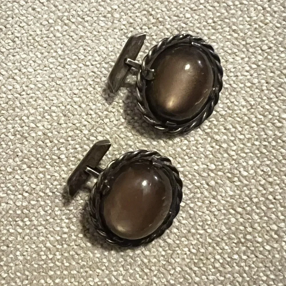 Vintage Ed Harris Sterling Silver Tigers Eye Agate‎ Modernist Handmade Cufflinks - Picture 2 of 9